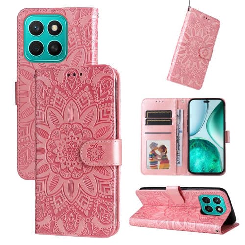 Funda de Piel con Estampado de Girasoles para Honor X8C 4G (Oro Rosa)