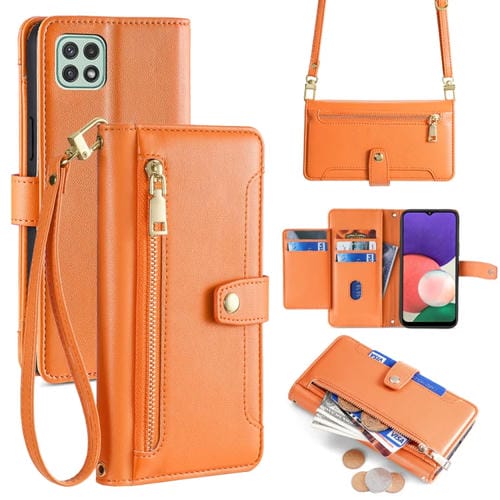 Funda de Cuero Samsung Galaxy A22 5G con Billetera, Cremallera y Textura de Oveja (Naranja)