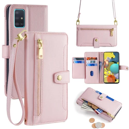 Funda para Teléfono Samsung Galaxy A51 5G Lite Cuero Billetera Cremallera Cuerpo Cruzado Textura de Oveja (Rosa)