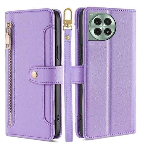 Funda Cuero Tipo Billetera OnePlus Ace 3 Pro 5G con Cremallera y Textura Oveja (Morado)