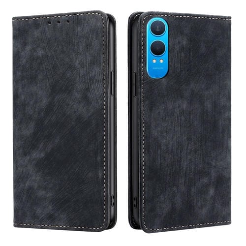 Funda de Cuero Magnética con Cepillo Antirrobo RFID para OnePlus Nord CE 4 Lite 5G (Negro)
