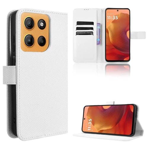 Funda de Cuero con Textura de Diamante para Motorola Moto G15 4G y G15 Power 4G (Blanca)