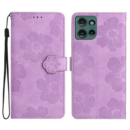 Funda de Cuero con Estampado de Flores en Relieve para Motorola Edge 50 5G (Morado)