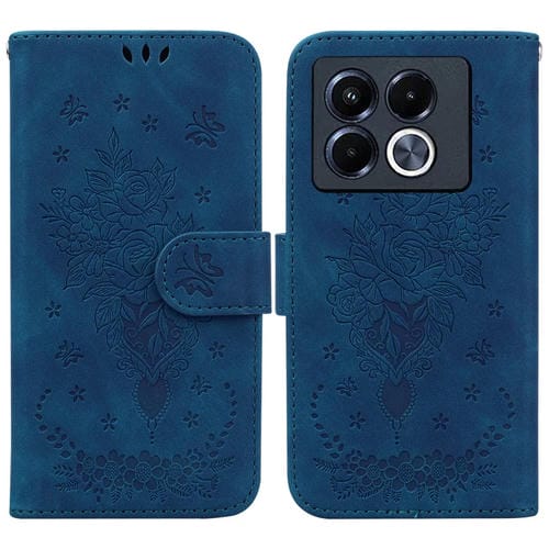 Funda de Cuero con Relieve Mariposa y Rosa para Infinix Note 40 5G (Azul)
