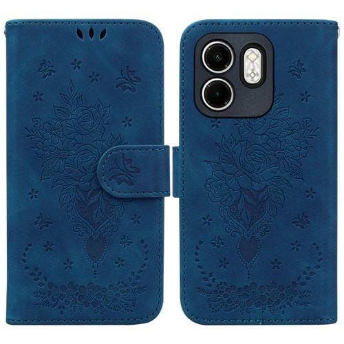 Funda de Cuero con Relieve Mariposa y Rosa para Infinix Hot 50I Smart 9 (Azul)