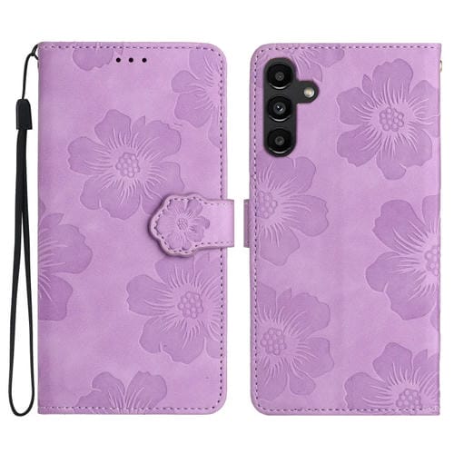 Funda de Cuero Samsung Galaxy A05S Patrón de Relieve de Flores (Púrpura)