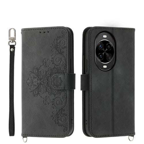 Funda de cuero con relieve de flores para Huawei Nova 14 Pro (negro)