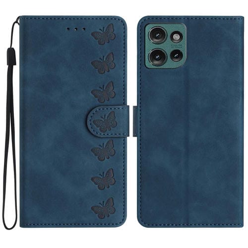 Funda de Cuero con Relieve de Siete Mariposas para Motorola Edge 50 5G (Azul)