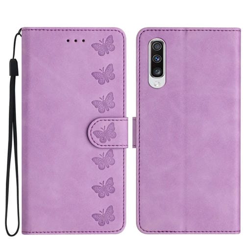 Caja de teléfono de cuero para Samsung Galaxy A50 Seven Butterflies en relieve (Púrpura)