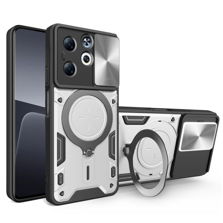 Funda para Teléfono Infinix Smart 8 Plus con Soporte Magnético Deslizante y Textura de Cd (Plateada)