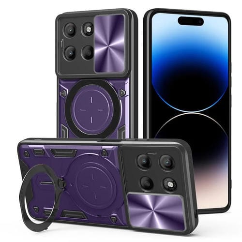 Funda para Teléfono Motorola Moto G15 con Soporte Magnético Deslizante y Textura de Cd (Morado)