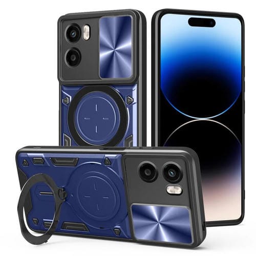 Funda para Teléfono Motorola Moto G05 con Soporte Magnético Deslizante y Textura de Cd (Azul)