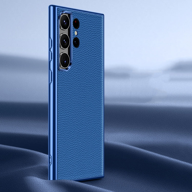 Para Samsung Galaxy S22 Ultra 5G Litchi Texture Funda de teléfono de cuero genuino (Azul)