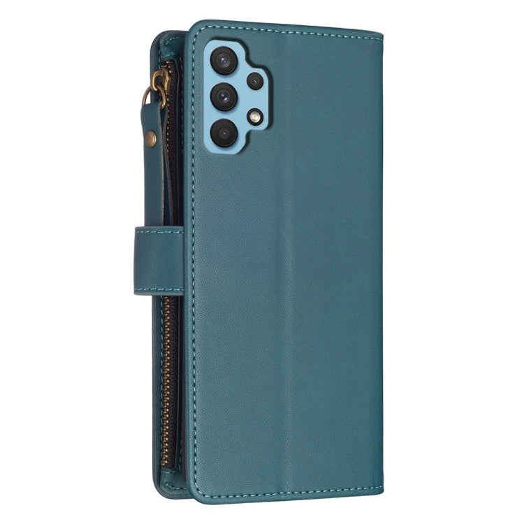 Para Samsung Galaxy A32 4G 9 Ranuras para tarjetas Cremallera Cartera Funda de cuero con tapa para teléfono (Verde)