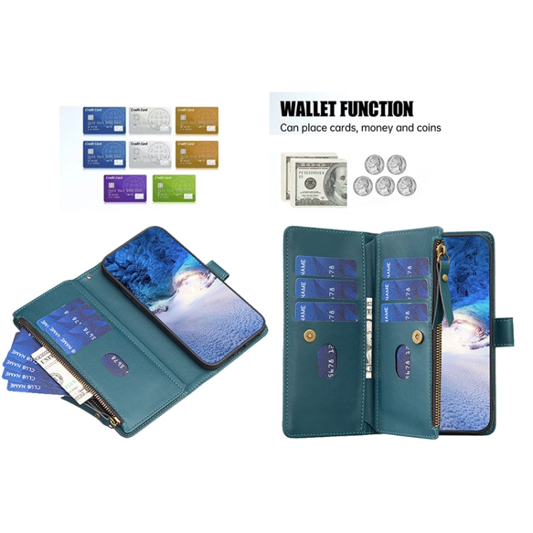 Para Samsung Galaxy A32 4G 9 Ranuras para tarjetas Cremallera Cartera Funda de cuero con tapa para teléfono (Verde)