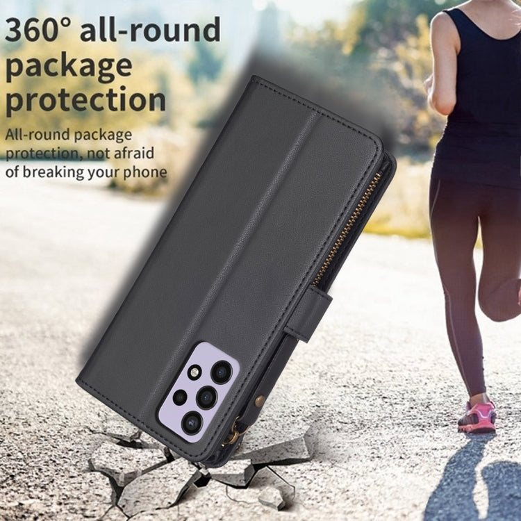 Para Samsung Galaxy A72 9 Ranuras para tarjetas Cremallera Cartera Funda de cuero con tapa para teléfono (Negro)