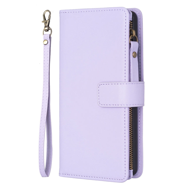 Para Samsung Galaxy S21 FE 5G 9 Ranuras para tarjetas Cremallera Cartera Funda de cuero con tapa para teléfono (Morado claro)