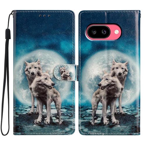 Funda de Cuero para Google Pixel 9A con Dibujo de Colores (Twin Wolves)