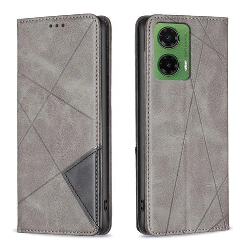 Funda de Cuero Magnética para Motorola Moto G35 con Textura de Rombos (Gris)