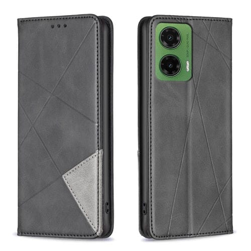 Funda de Cuero Magnética para Motorola Moto G35 con Textura de Rombos (Negra)