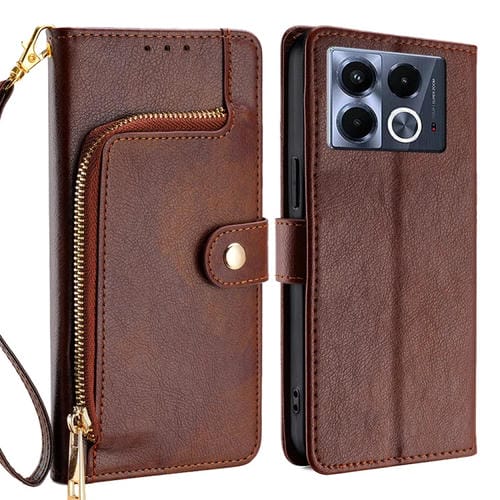 Funda de Cuero con Cremallera para Teléfono Infinix Note 40 5G (Marrón)