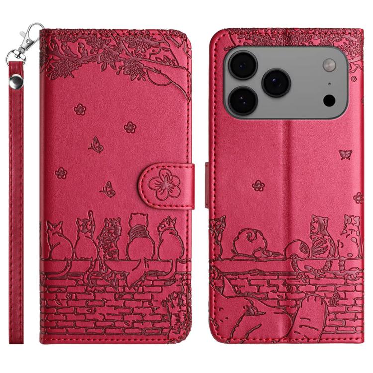 Funda de piel con estampado de gato en relieve para iPhone 17 Pro con cordón (roja)