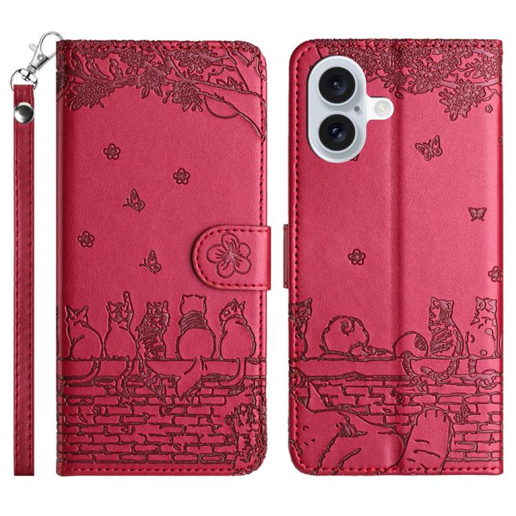 Funda de piel con estampado de gato y cordón para iPhone 17 (roja)