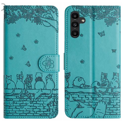 Funda de Cuero Samsung Galaxy A55 con Estampado de Gato y Cordón (Azul)