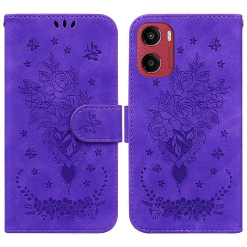 Funda de Cuero con Relieve Mariposa y Rosa para Motorola Moto G05/E15 (Morado)
