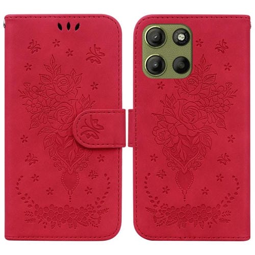 Funda de Cuero con Relieve Mariposa y Rosa para Motorola Moto G15 (Rojo)