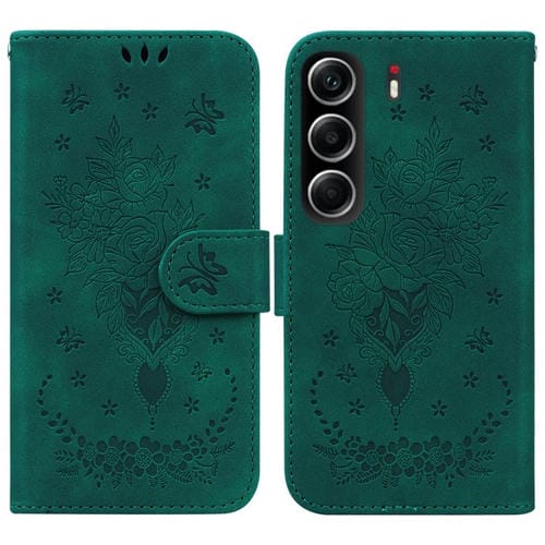 Funda de piel con relieve de mariposa y rosa para Tecno Camon 40 (verde)