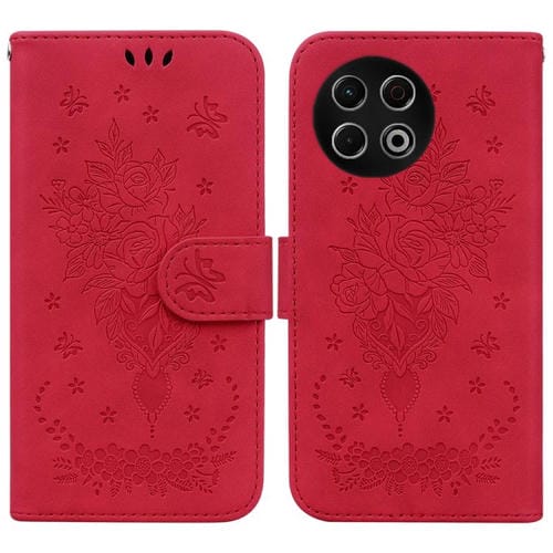 Funda de cuero con relieve de mariposa y rosa para Tecno Spark 30 Pro (roja)