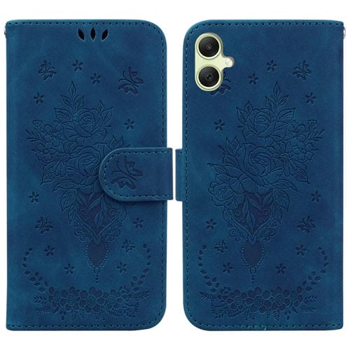 Funda para Teléfono Samsung Galaxy A05 Cuero con Relieve Mariposa y Rosa (Azul)