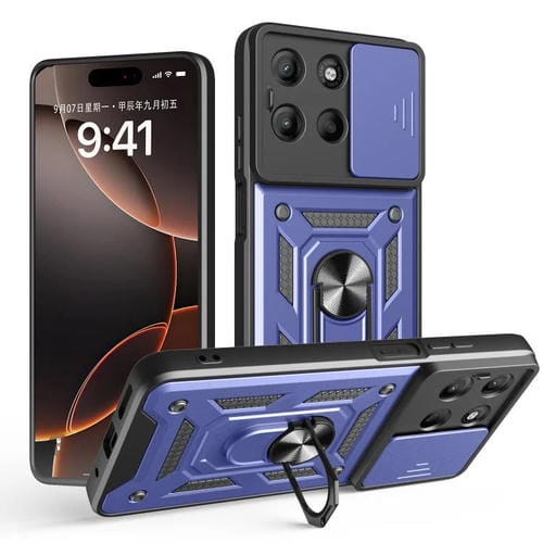 Funda híbrida TPU y PC con cubierta deslizante para cámara Motorola Moto G15 (Azul)