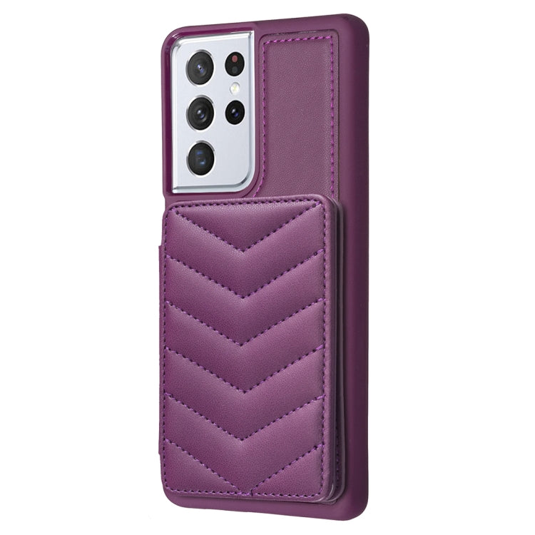Para Samsung Galaxy S21 Ultra 5G BF26 Wave Pattern Card Bag Holder Funda para teléfono (morado oscuro)