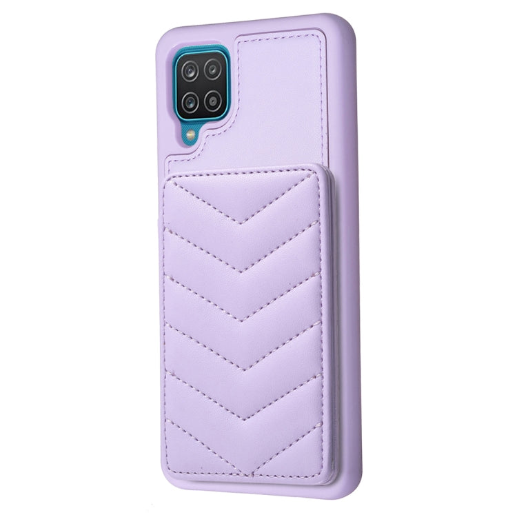 Para Samsung Galaxy A12 BF26 Wave Pattern Card Bag Holder Phone Case (Púrpura)