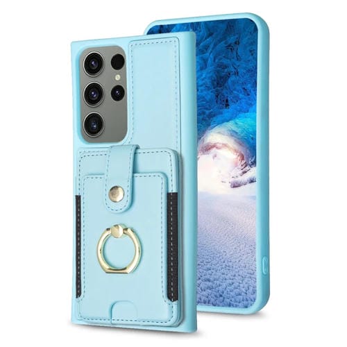 Para Samsung Galaxy S23 Ultra 5G BF27 Anillo de metal Tarjeta Bolsa Titular Caja del teléfono (Azul)