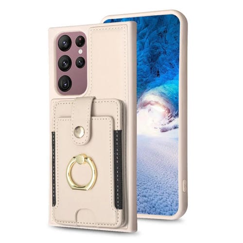 Para Samsung Galaxy S22 Ultra 5G BF27 Anillo de metal Bolsa de tarjeta Titular de la caja del teléfono (Beige)