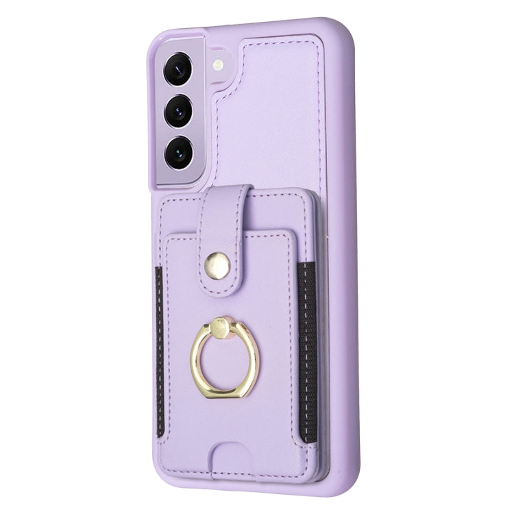Para Samsung Galaxy S21 FE 5G BF27 Funda para teléfono con soporte para tarjeta de anillo de metal (púrpura)