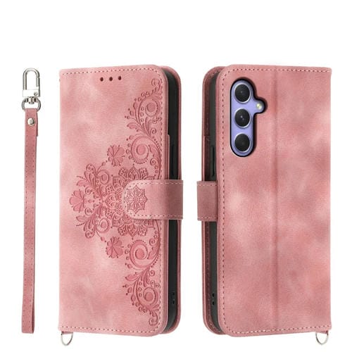 Funda para Teléfono Samsung Galaxy A55 Cuero con Billetera en Relieve y Flores (Rosa)