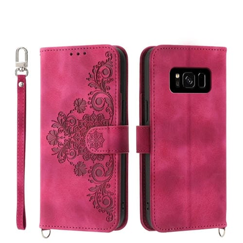 Funda para Teléfono Samsung Galaxy S8 Cuero con Billetera en Relieve y Flores (Rojo Vino)