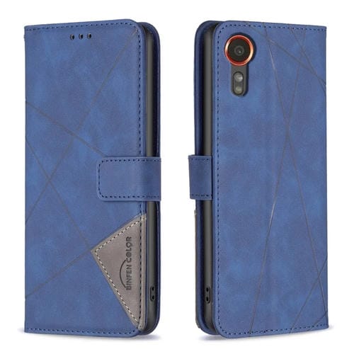Funda para Teléfono Samsung Galaxy Xcover 7 Cuero Textura de Rombo Hebilla Magnética (Azul)
