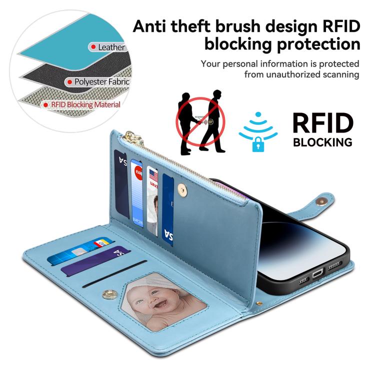 Estuche de Cuero Rfid Eseble Serie Star para iPhone 16E con Cremallera y Cordón (Azul)