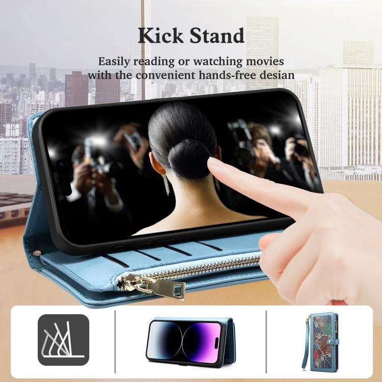 Estuche de Cuero Rfid Eseble Serie Star para iPhone 16E con Cremallera y Cordón (Azul)