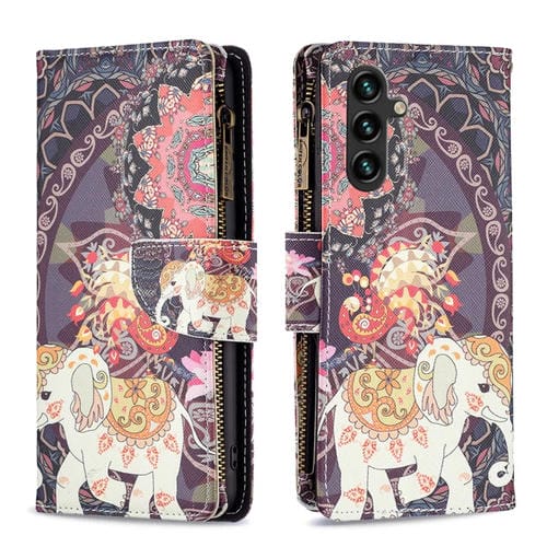 Funda de Cuero Samsung Galaxy A55 con Cremallera y Dibujo de Colores (Elefante de Flores)