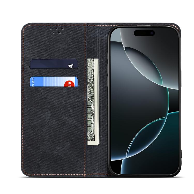 Funda de Cuero con Tapa Horizontal y Textura Vaquera para iPhone 16E (Negro)