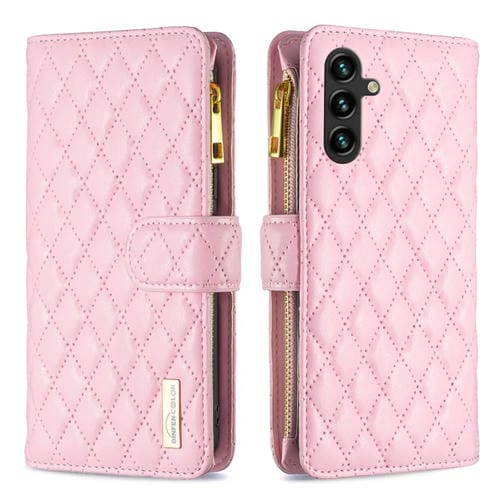 Funda para Samsung Galaxy A55 Diamond Lattice Zipper Wallet de Cuero con Tapa (Rosa)