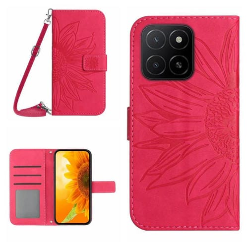 Funda de Cuero con Diseño de Girasol para Honor X8C 4G con Cordón (Rosa y Rojo)