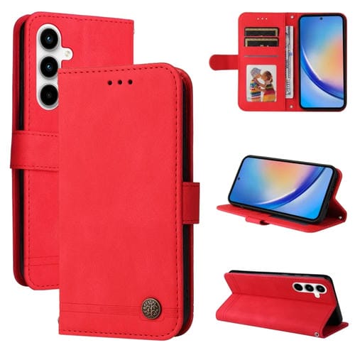 Funda de Cuero Skin Feel Life Tree para Samsung Galaxy A35 con Botón de Metal (Rojo)