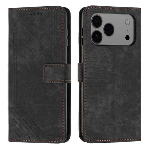 Funda de piel con estampado de rayas y cordón para iPhone 17 Pro Max (negro)